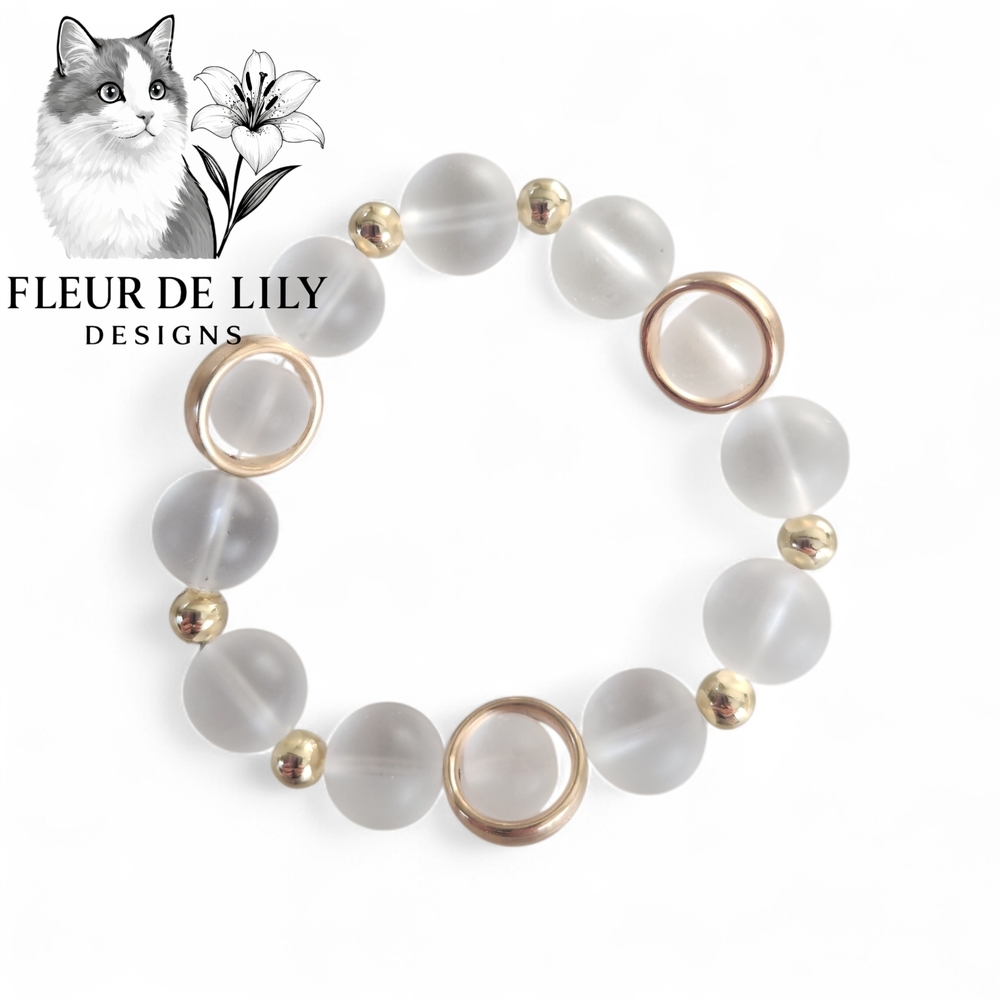 Natural White Matte Quartz Crystal Bracelet with 14k Gold Filled Accents 12mm